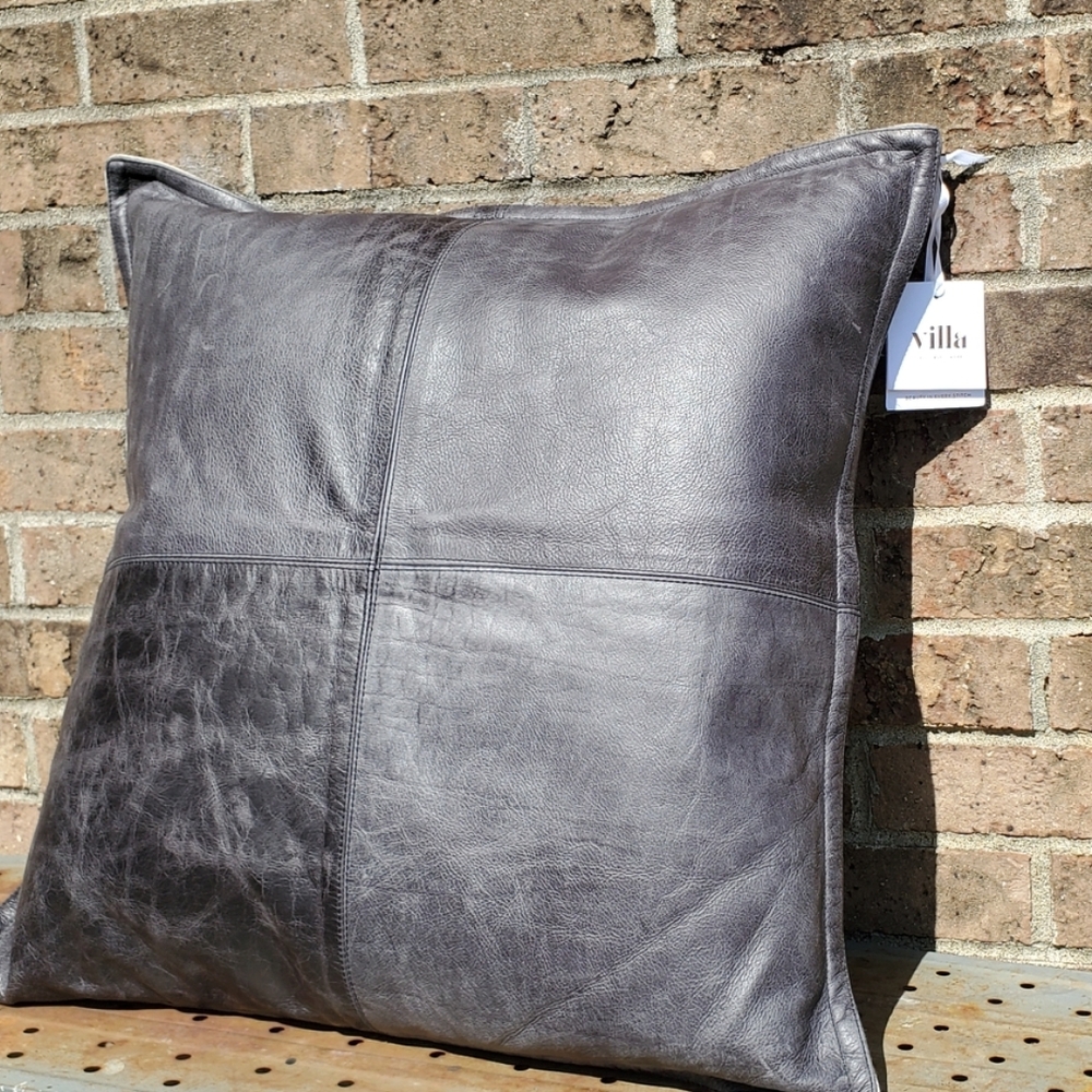 Villa Gray Leather Throw Pillow